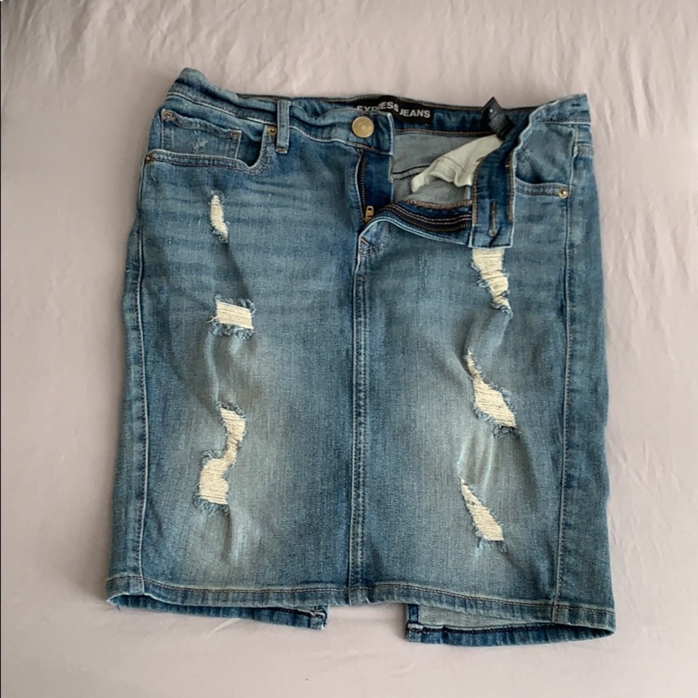 Express jeans denim midi distressed skirt